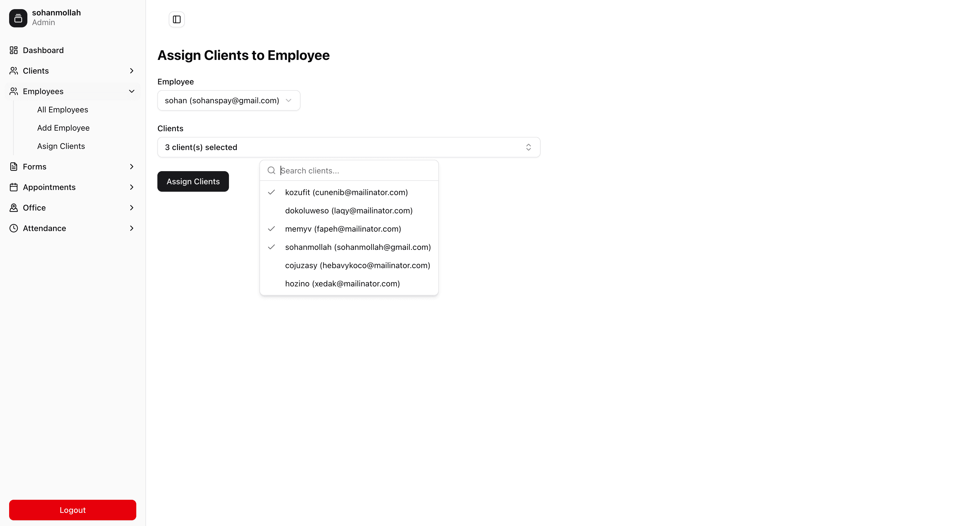 Assigning clients to an employee