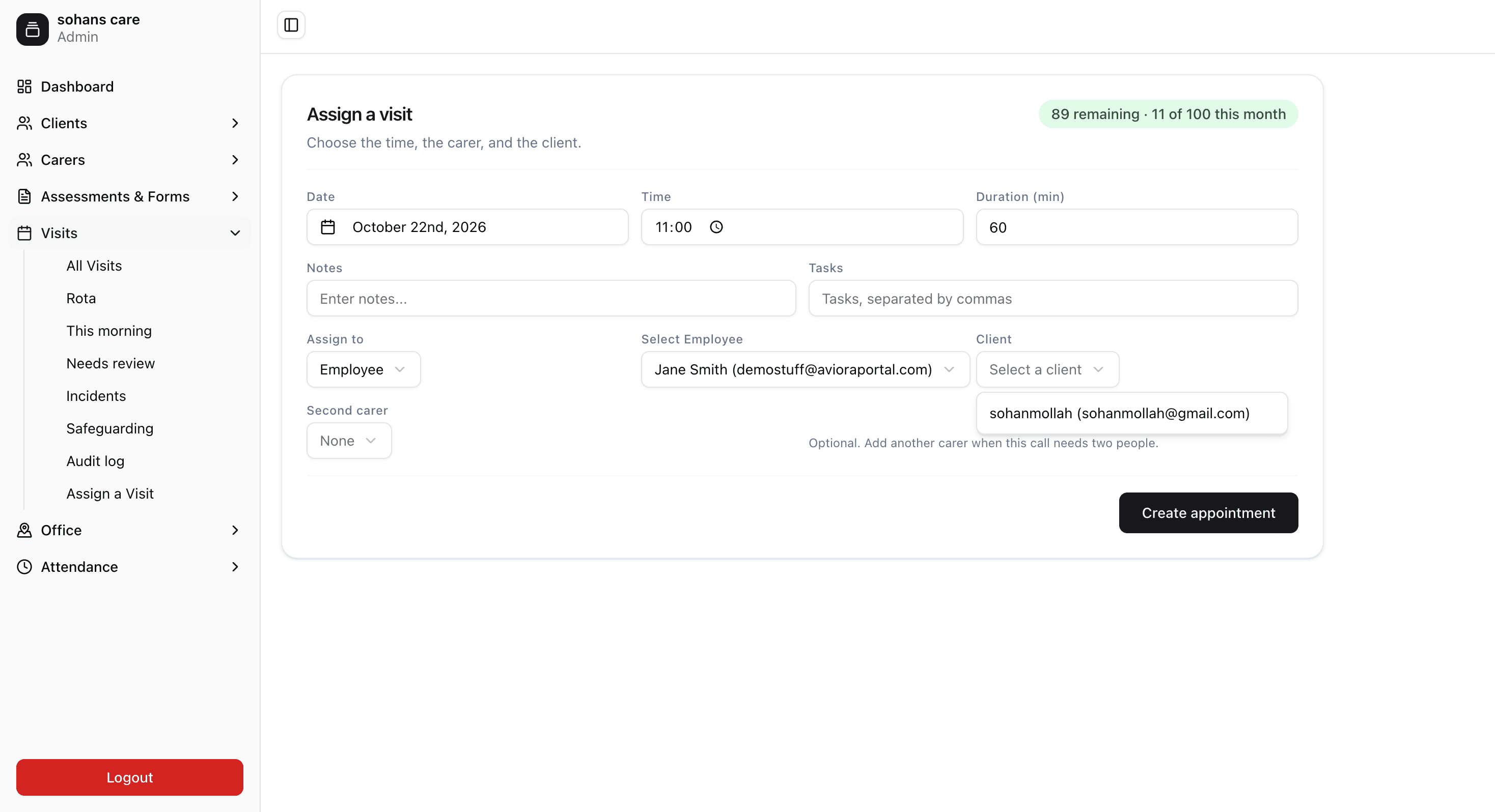 Assigning a visit to a carer and client in the Aviora portal