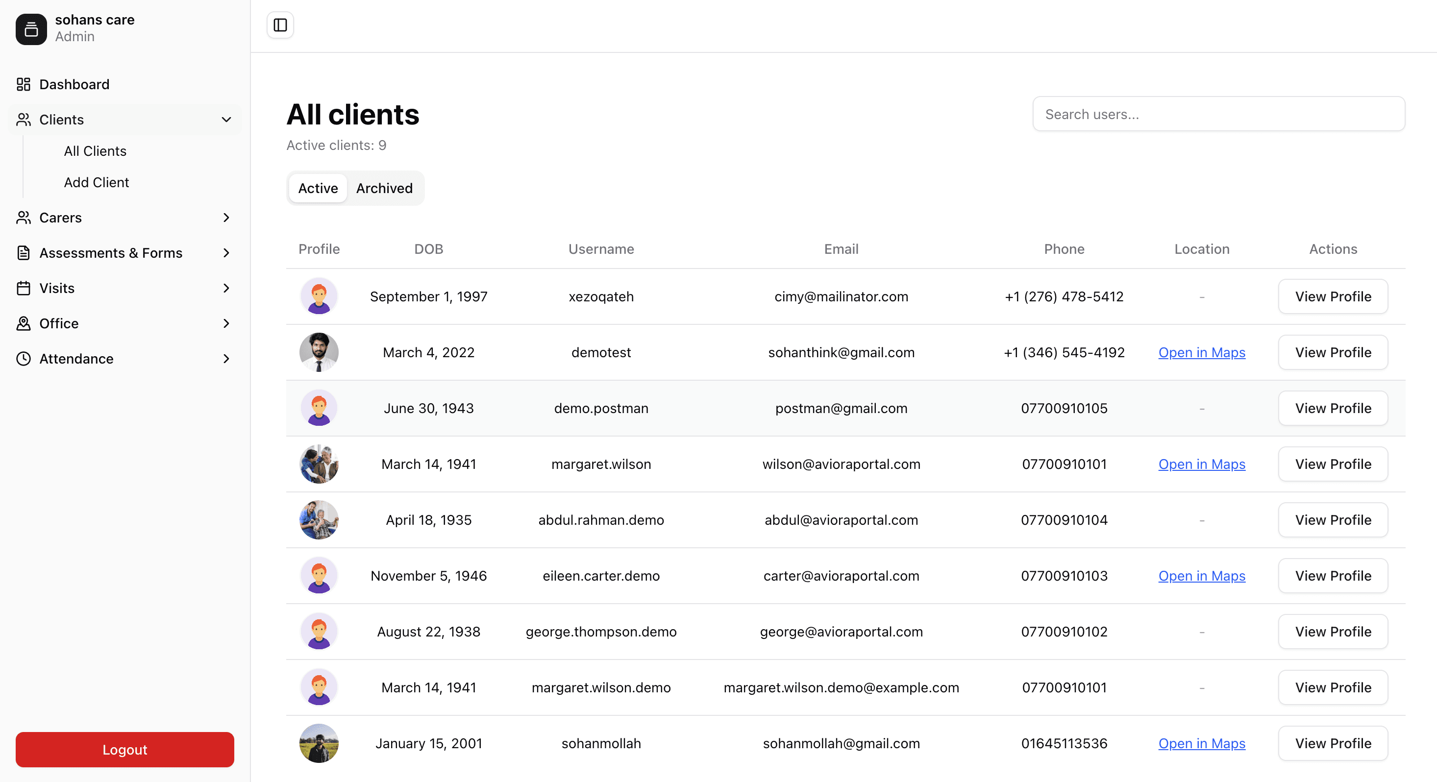 All clients list in the Aviora portal
