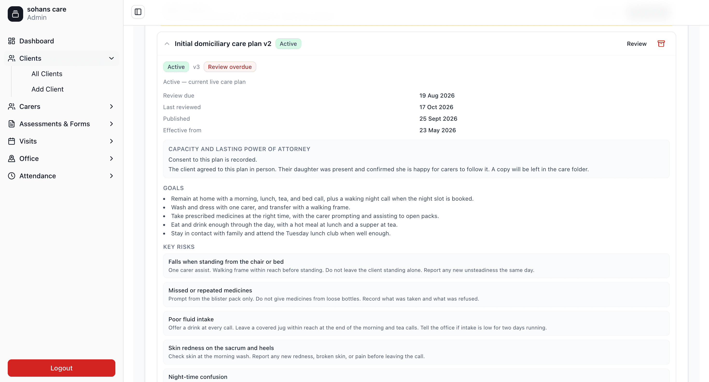 A client's detailed care plan with consent, goals, and key risks
