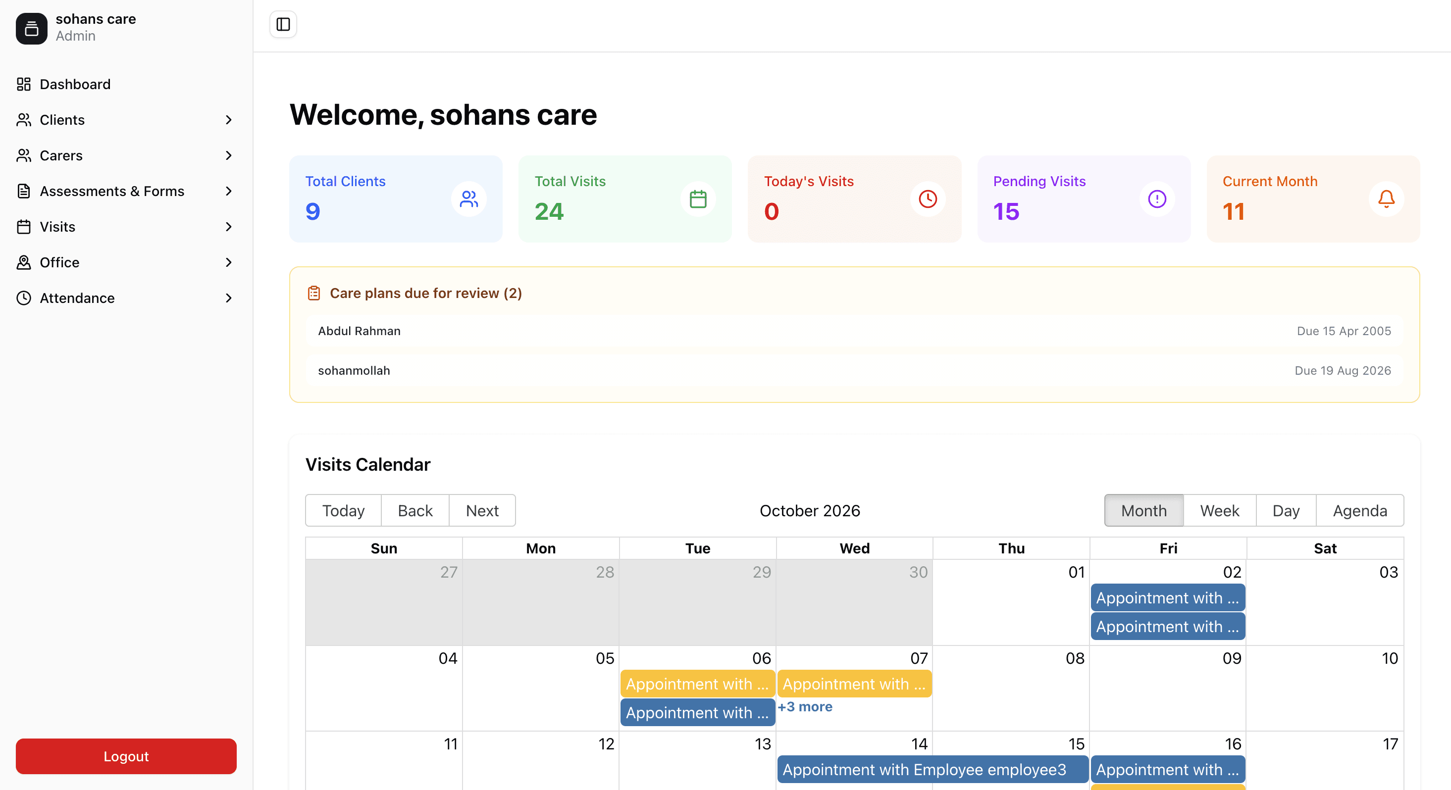 Aviora admin dashboard with care plans due for review and the visits calendar
