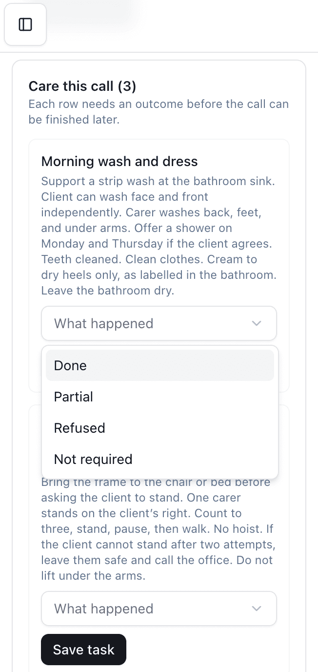 A carer recording each care plan task during a visit